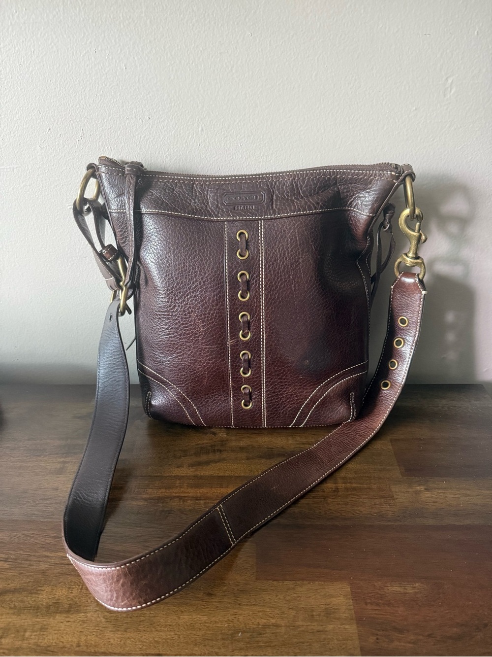 Coach VTG Chelsea Laced Leather Crossbody Shoulder Bag Brown Legacy Y2K 10399